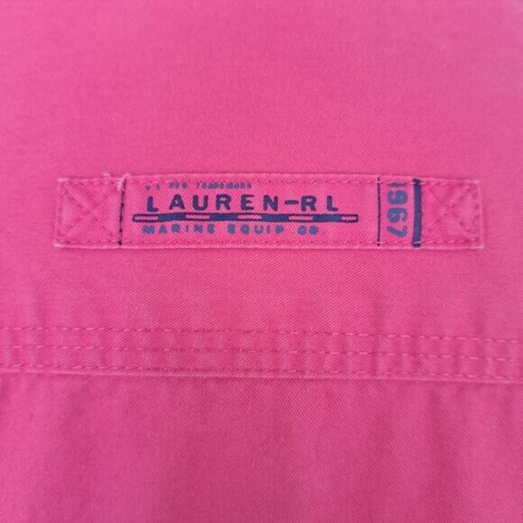 LAUREN Pink Button Down Camp Shirt Large Cotton Roll Tab Sleeve Pockets - Picture 7 of 11